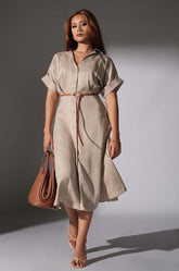 Turned Up Sleeve Midi Dress - Beige